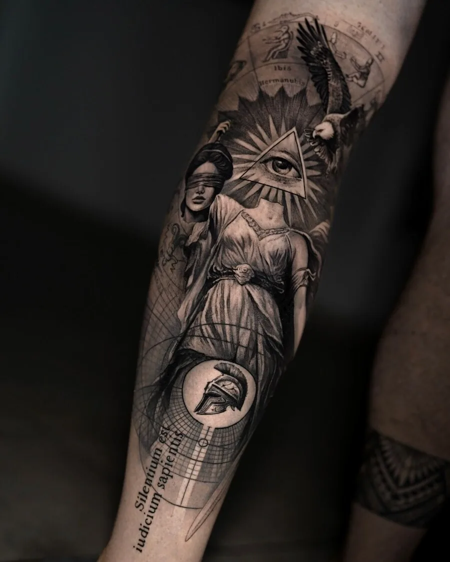 Black-and-grey-Tattoo mit Statue und geometrischen Elementen.