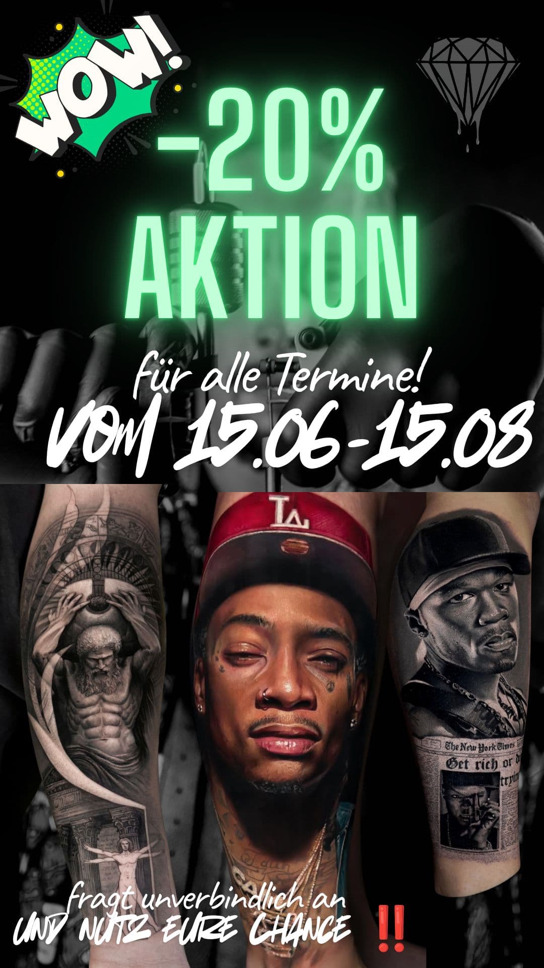 20 Prozent Aktion Blood Diamond Tattoo Ink Heilbronn, gültig für Termine vom 15.06. bis 15.08.