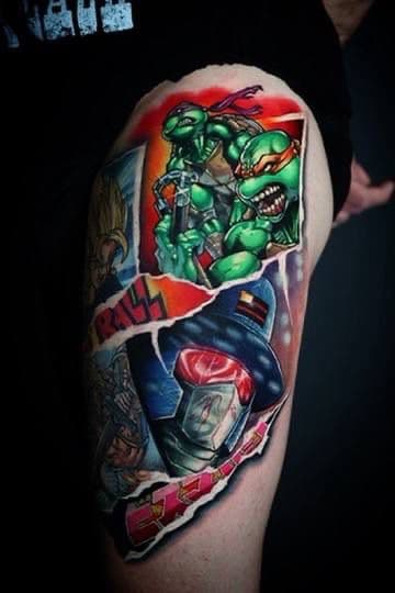 New School Tattoo – bunte Comic-Komposition – Blood Diamond Tattoo Ink.